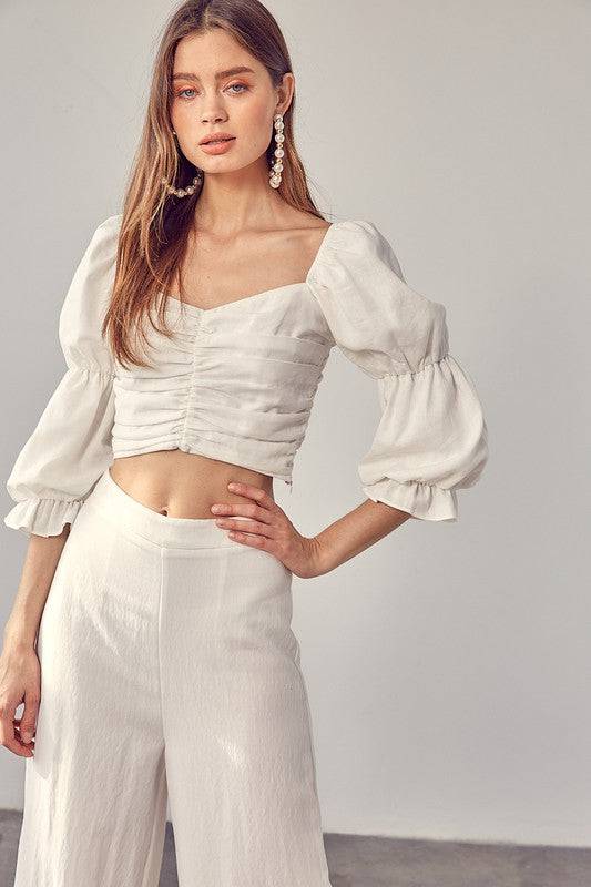 RUFFLE RUCHED FRONT BLOUSE - Clothing - Market Street Boutique