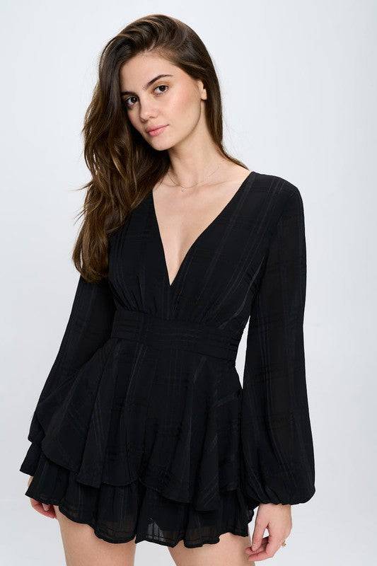 Surplice Front Long Sleeved Tiered Mini Romper - Clothing - Market Street Boutique